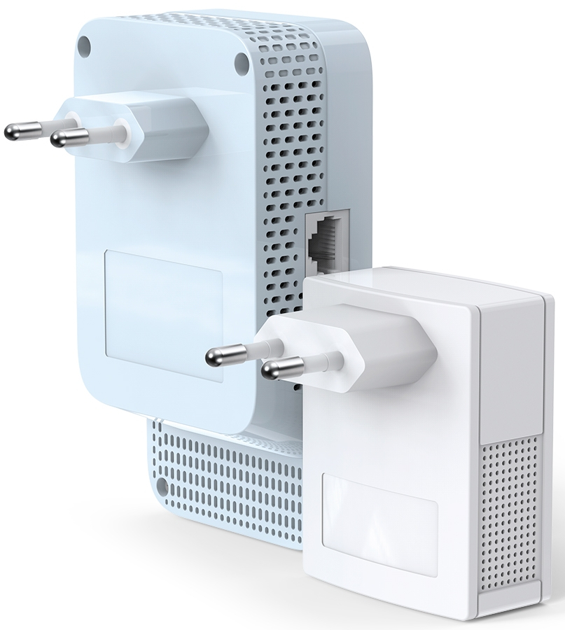 Two white powerline adapters with plugs, the larger one is plugged into the wall.