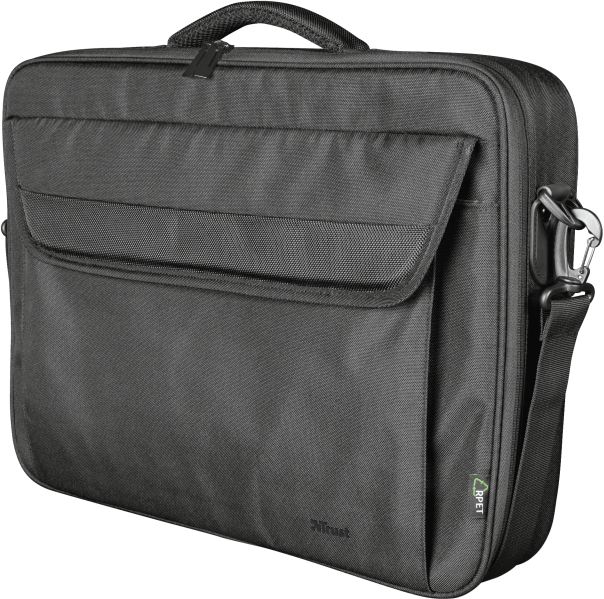 Fekete laptoptáska elülső zsebbel, fogantyúval, vállpánttal és Trust logóval.