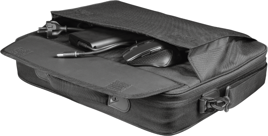 Fekete laptop táska laptop, töltő és egérrel benne. A táska nyitva van.
