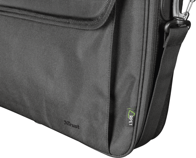 Sötétszürke laptop táska a Trust és RPET logókkal.