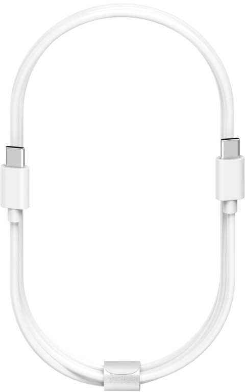 Câble USB-C blanc en forme ovale, avec des connecteurs USB-C aux deux extrémités.
