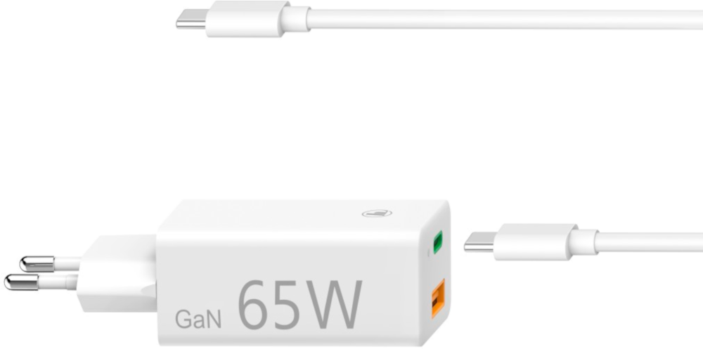 Chargeur GaN 65W blanc avec deux ports USB-C et un câble détachable. Fond blanc.
