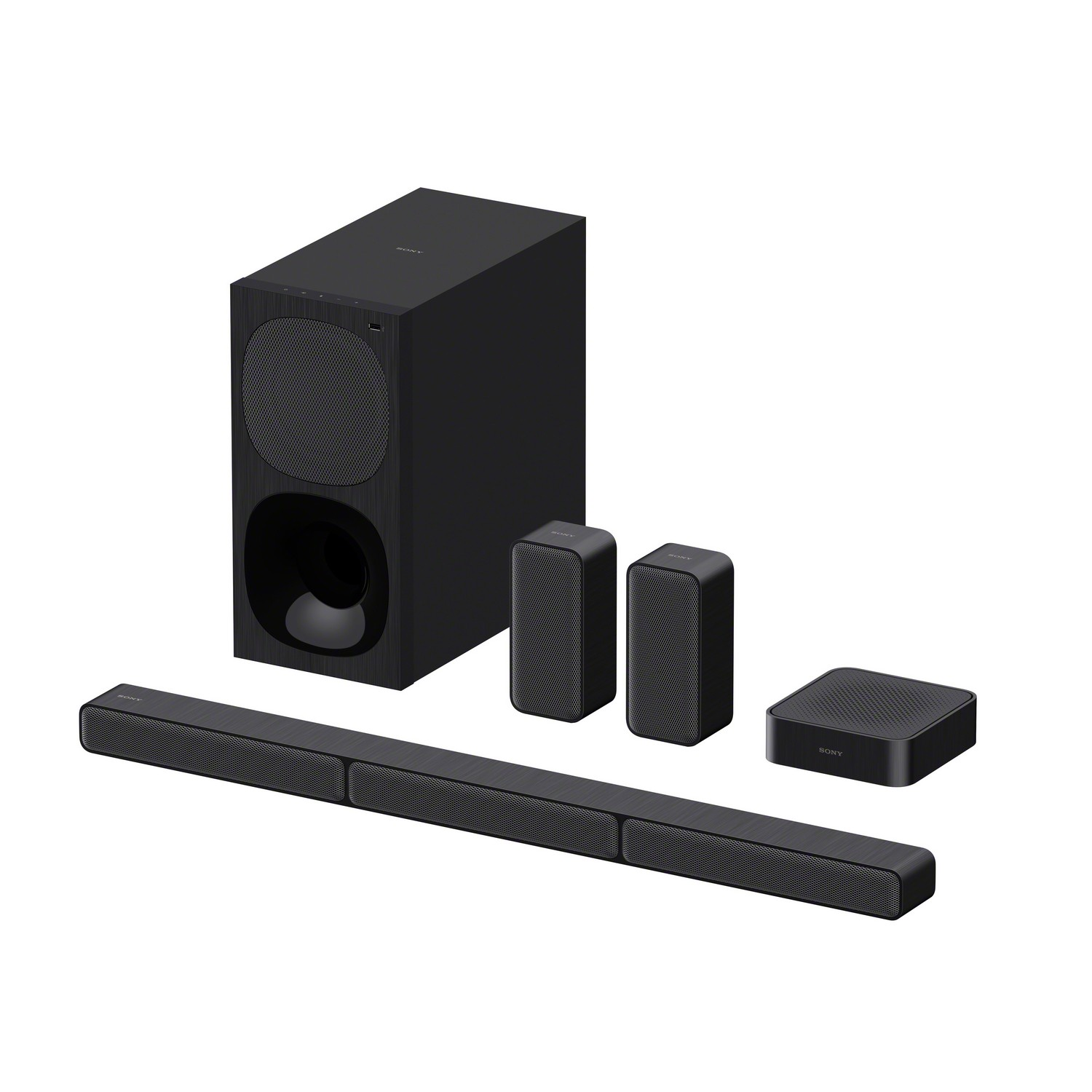 Sistema de sonido Sony negro con subwoofer, barra de sonido y dos altavoces.