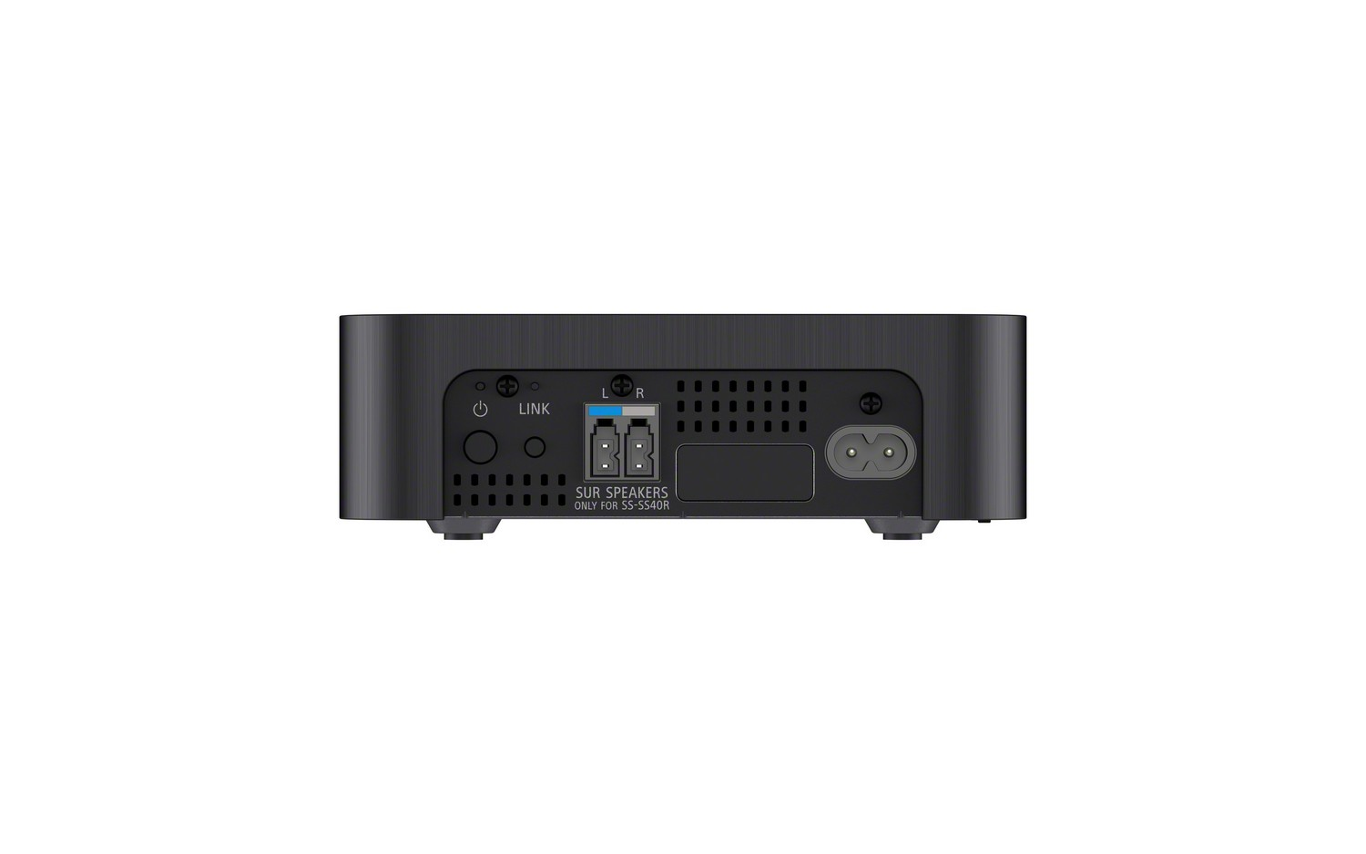 Parte trasera del dispositivo de audio negro, con puertos y botón de encendido.