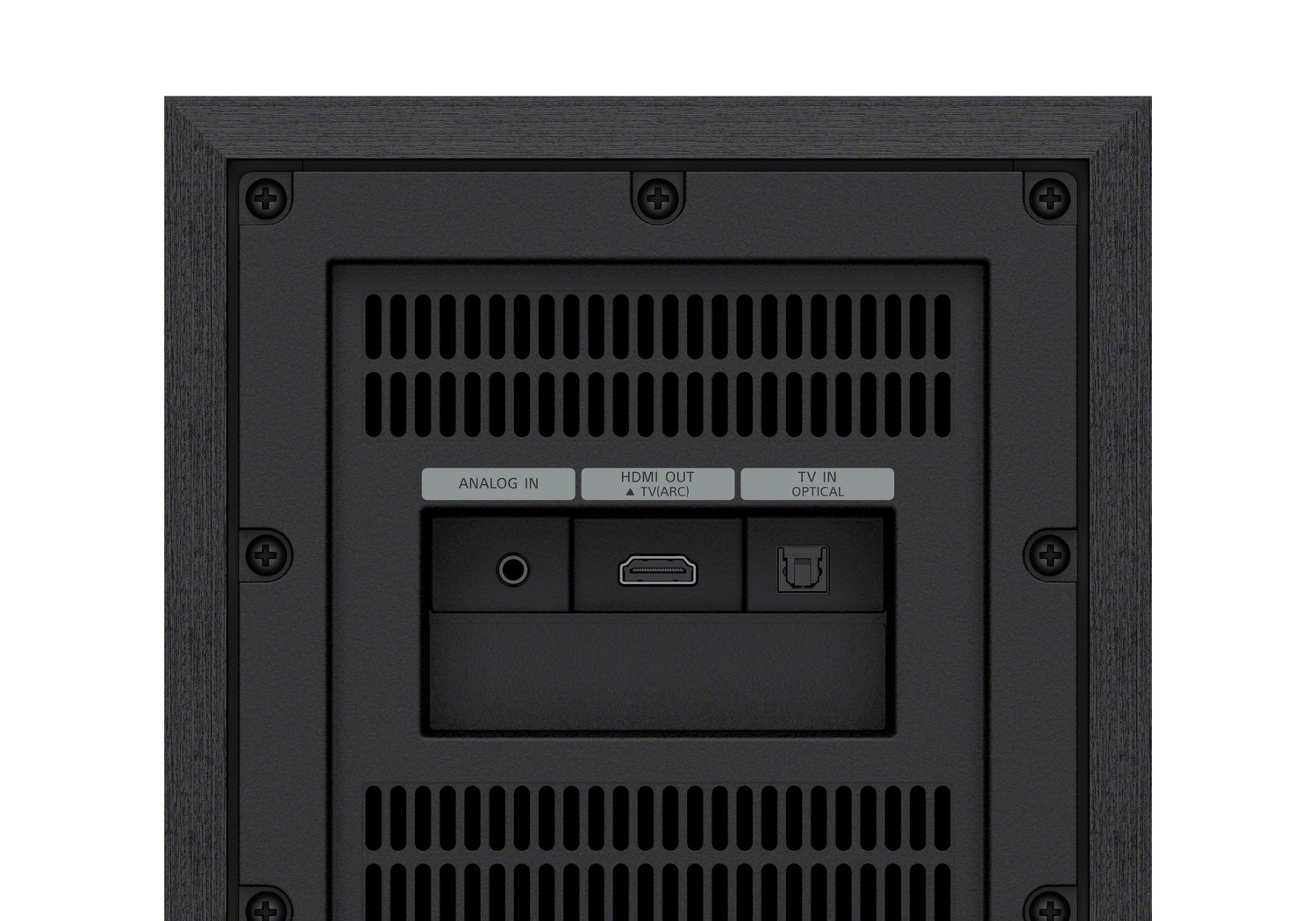 Parte trasera de la barra de sonido negra. Tiene varios puertos de entrada: Analog In, HDMI Out y TV In.