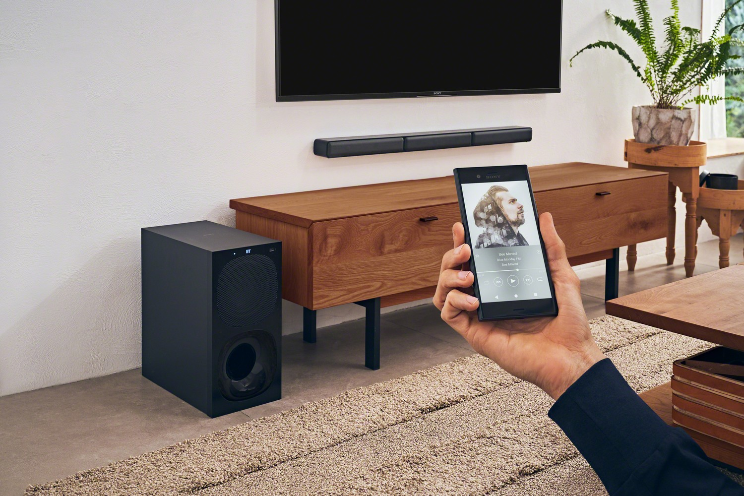 Configuración de sala de estar. Una persona sosteniendo un teléfono. TV y subwoofer.