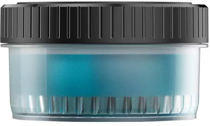 A transparent container with a blue liquid inside and a black cap.