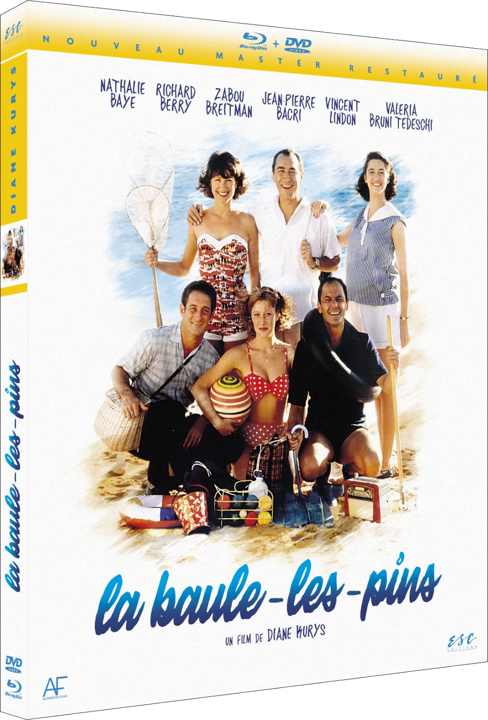 Filmposter: Groep mensen op een strand, met een titel in blauw. Een dvd-hoesje.