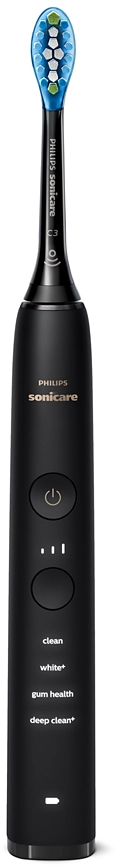 Brosse à dents électrique noire avec une tête de brosse bleue et verte.
