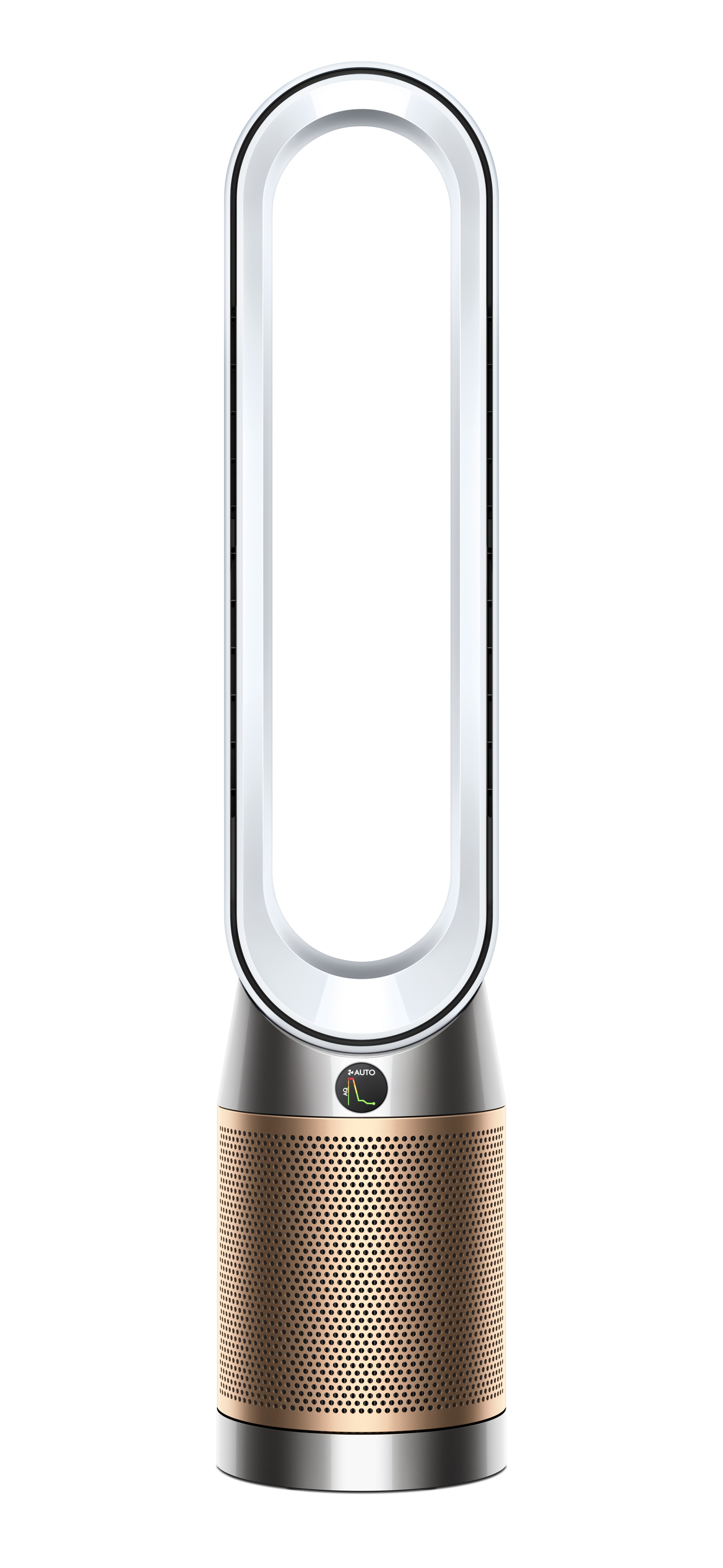 Ein hoher, weißer und goldener Dyson Luftreiniger und Ventilator, vor weißem Hintergrund.