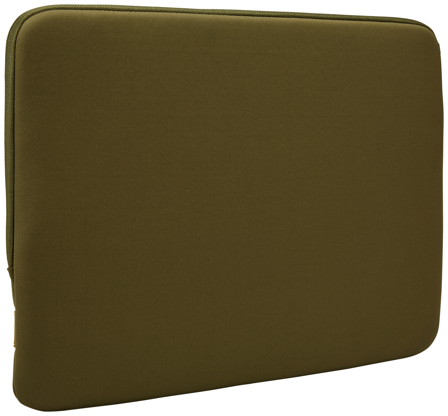 An olive green laptop sleeve. The sleeve is rectangular and has a zipper on one side.