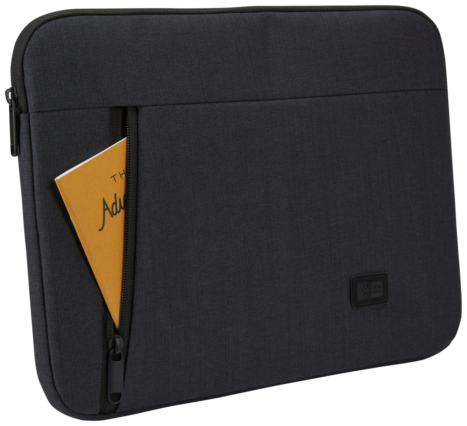 A black laptop case with a notebook in the front pocket. The notebook is open and has writing on it.