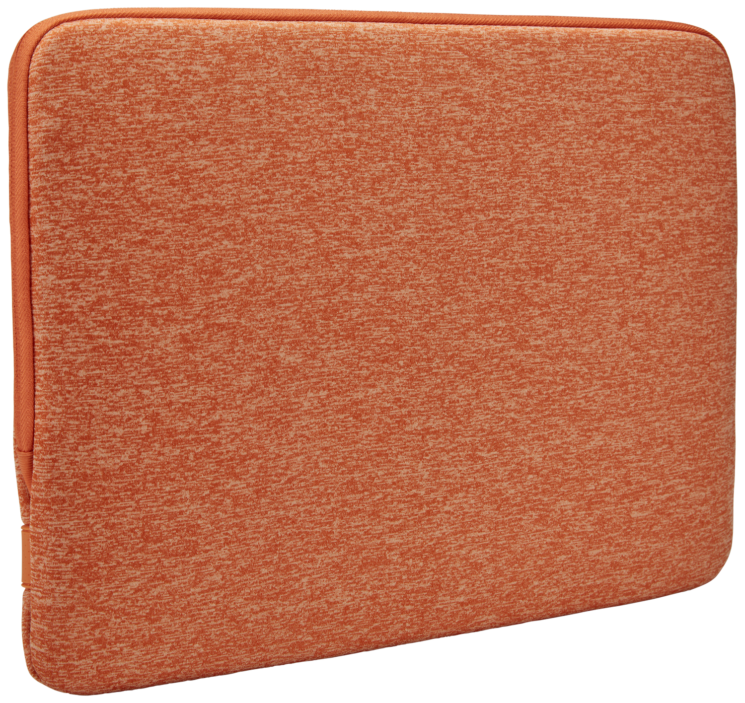 Orange laptop sleeve. Close-up shot. Texture visible.