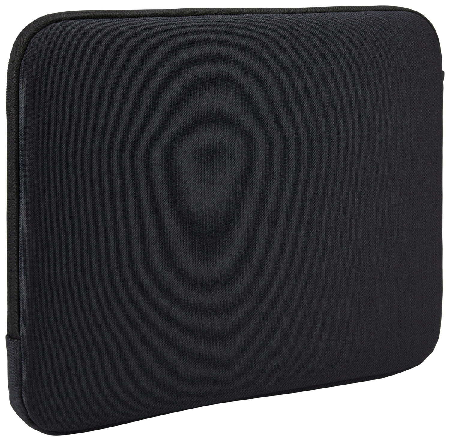 Black laptop sleeve with a zipper around the edges, closed and lying flat.