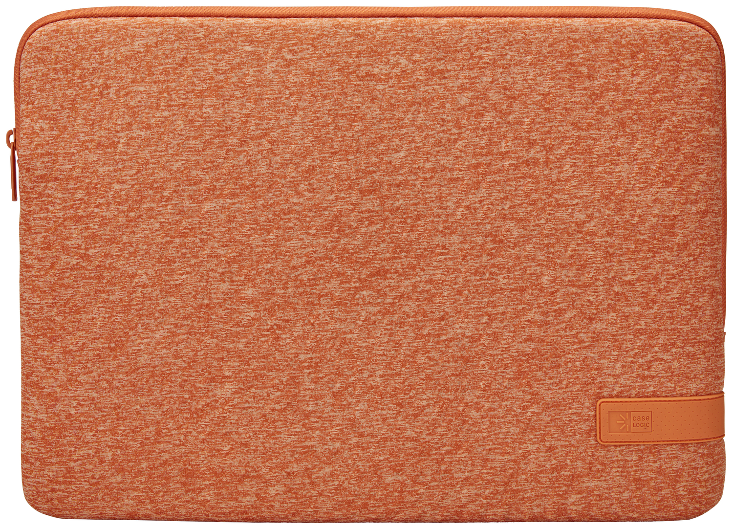 Orange laptop sleeve with Case Logic logo. Zipper and strap are visible.