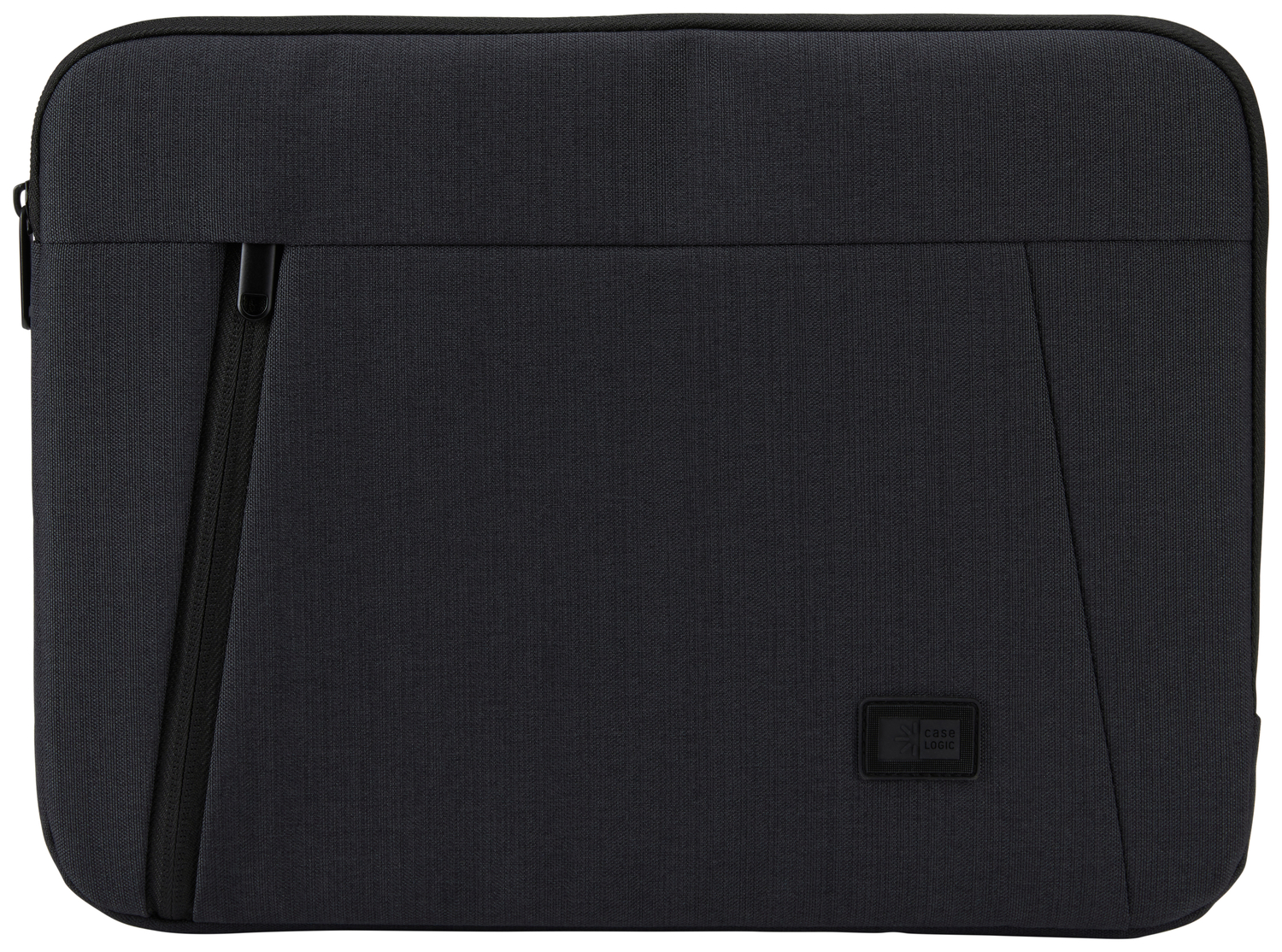 Black laptop sleeve. Zipper on the side. Case Logic logo in the corner. Black background.
