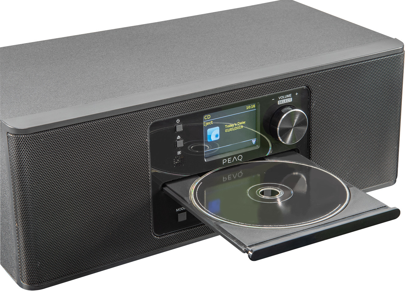 Black radio with a CD tray open. Screen shows CD information. Volume buttons. CD in the tray.