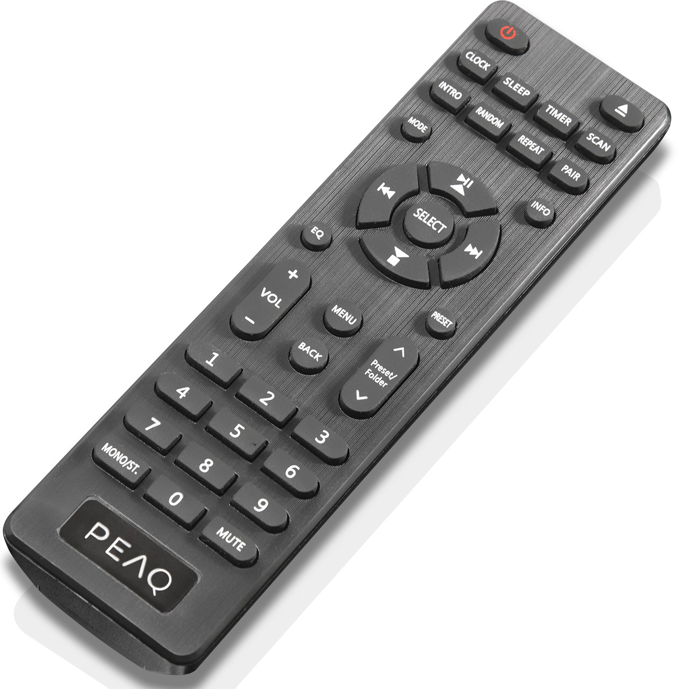 Dark gray remote control with buttons. White background.