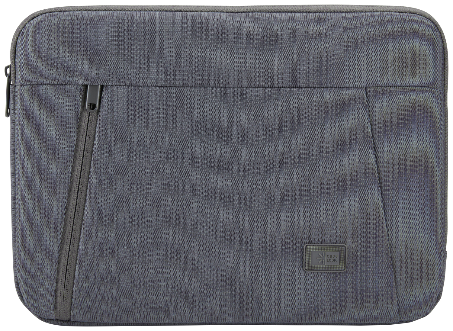 A gray laptop sleeve. It has a front pocket with a zipper. A small logo patch is on the right side.