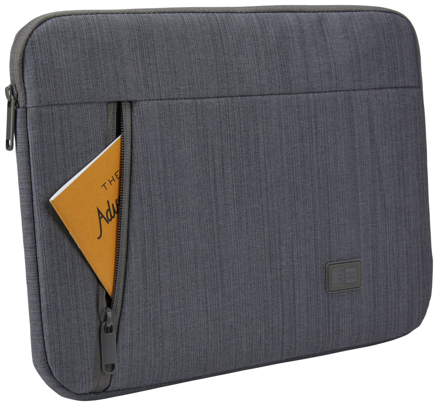 Gray laptop sleeve with a small pocket holding a notebook that says "The Adventure".