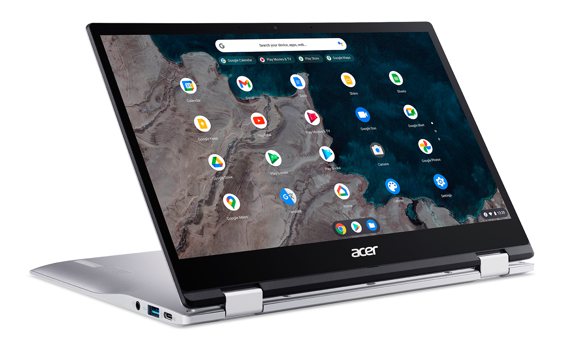 ACER Chromebook (CP513-1H-S72Y) Qualcomm mit Silber GB Google Touchscreen, Chrome Tastaturbeleuchtung, RAM, Graphics, Display GB 513 Spin Adreno™ 7c Chromebook, Zoll Onboard OS mit eMMC, 4 13,3 64 Prozessor