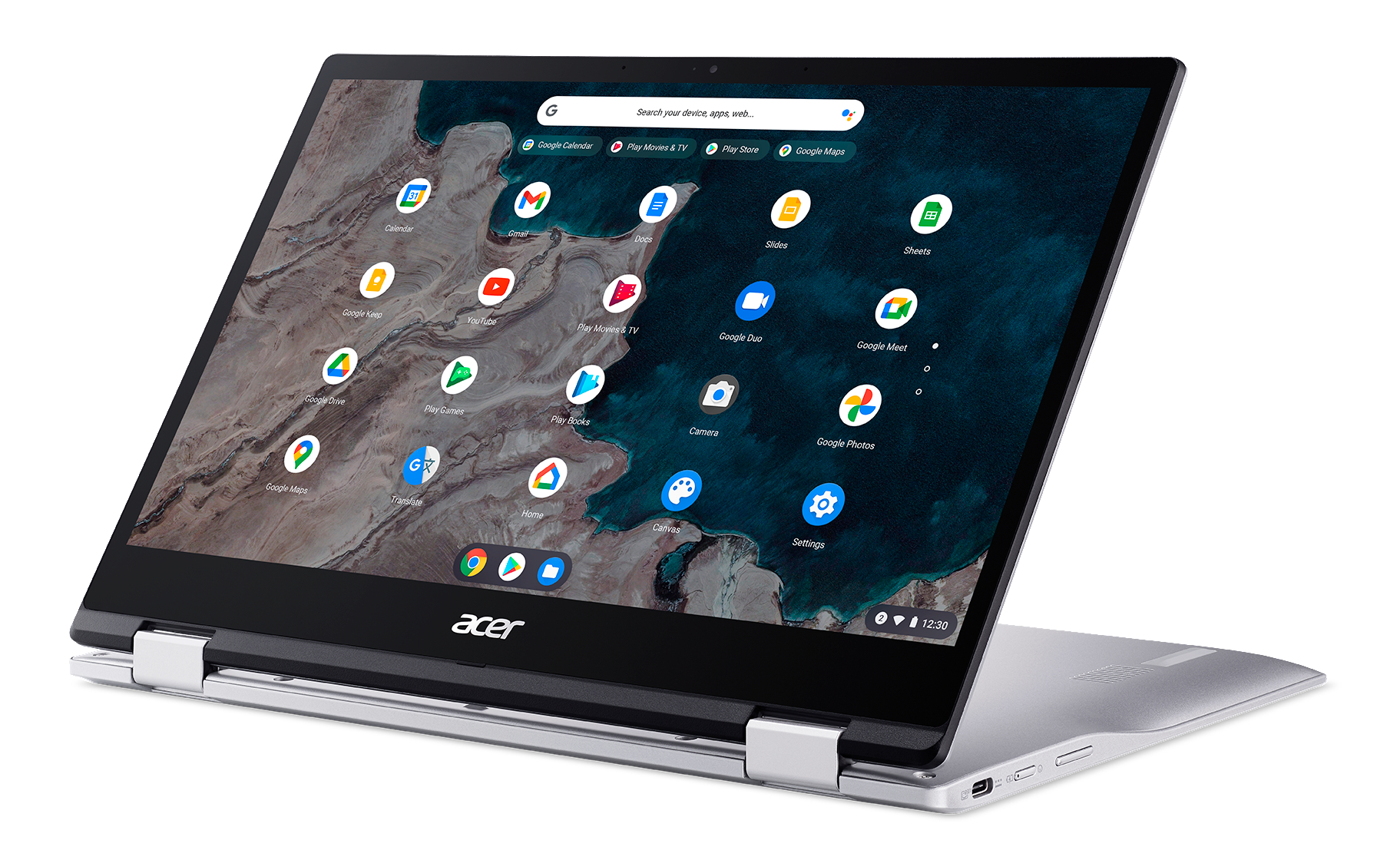 RAM, Spin Chromebook Tastaturbeleuchtung, 4 OS Graphics, mit mit Touchscreen, Zoll Chrome ACER Prozessor, GB Adreno™ Google Chromebook, 64 Silber eMMC, (CP513-1H-S72Y) Display Qualcomm 13,3 513 GB 7c Onboard