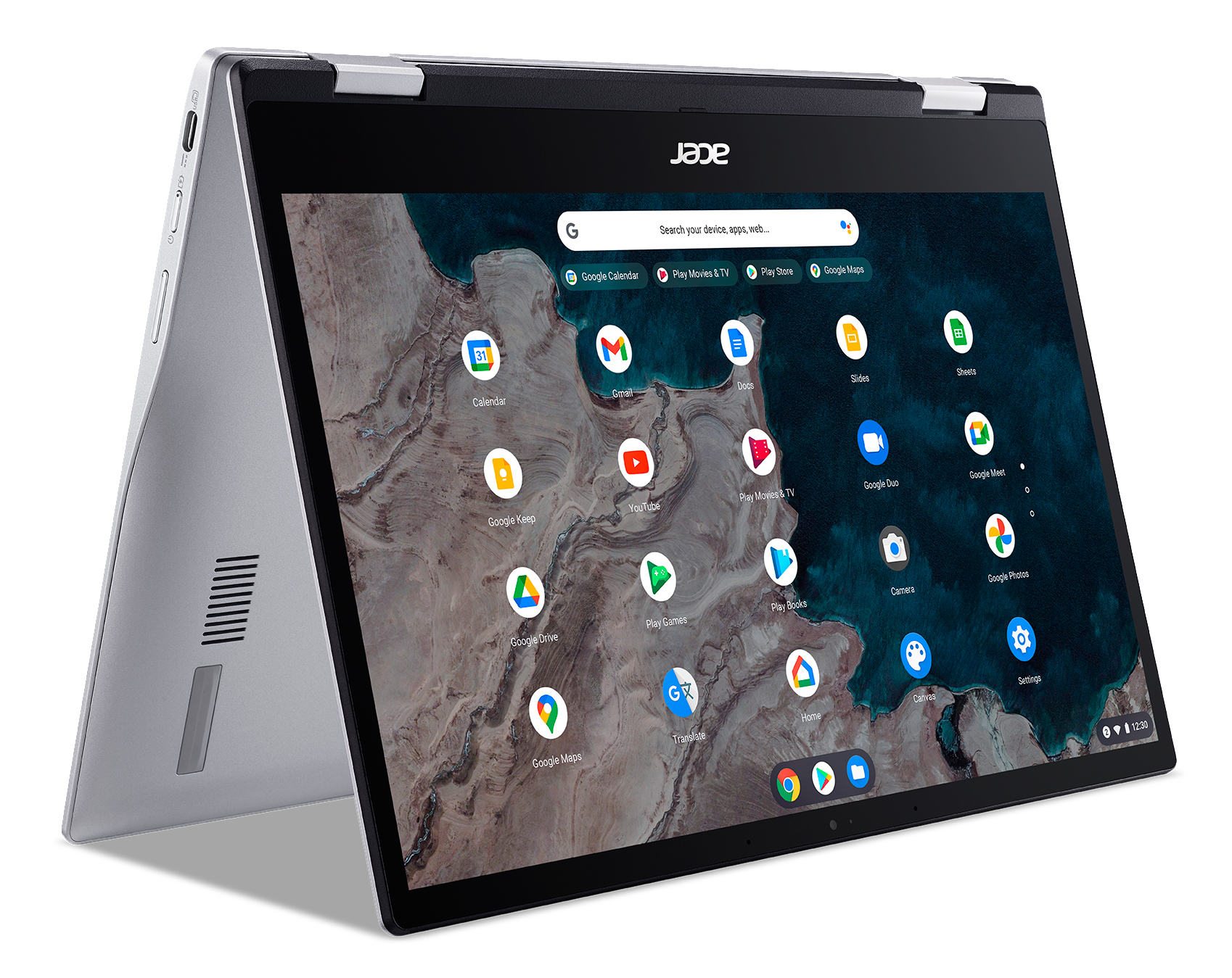 GB Adreno™ (CP513-1H-S72Y) 513 64 eMMC, GB Zoll Tastaturbeleuchtung, Google Chrome Onboard Qualcomm RAM, 13,3 Graphics, 4 Prozessor, Silber Chromebook Touchscreen, 7c Display mit mit Spin OS ACER Chromebook,