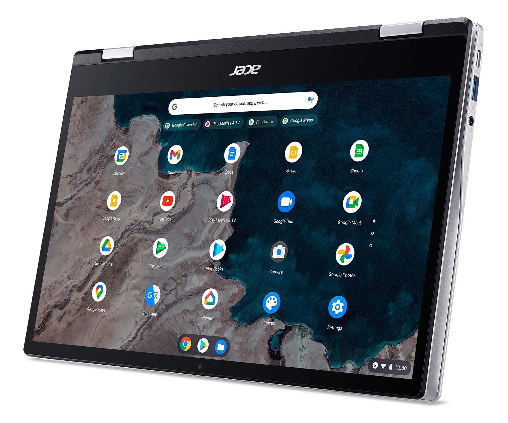 Spin ACER Touchscreen, 7c 513 Prozessor, Chromebook, Silber 4 Chromebook GB mit OS eMMC, (CP513-1H-S72Y) Chrome Onboard Zoll Qualcomm Display GB Graphics, Adreno™ 64 13,3 RAM, Google mit Tastaturbeleuchtung,