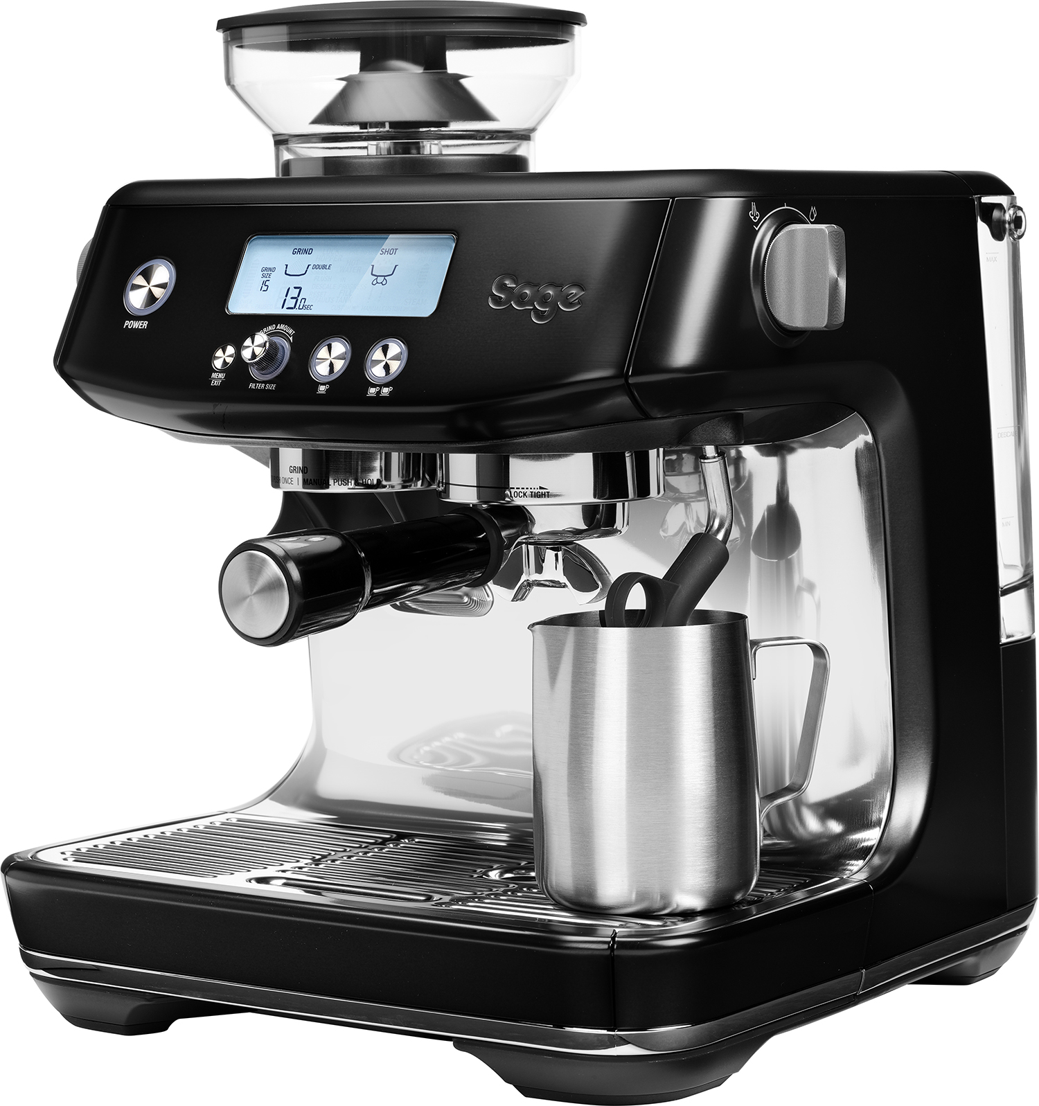 Zwarte espressomachine met zilveren accenten. Digitaal display. Rvs melkkan. Zwarte achtergrond.