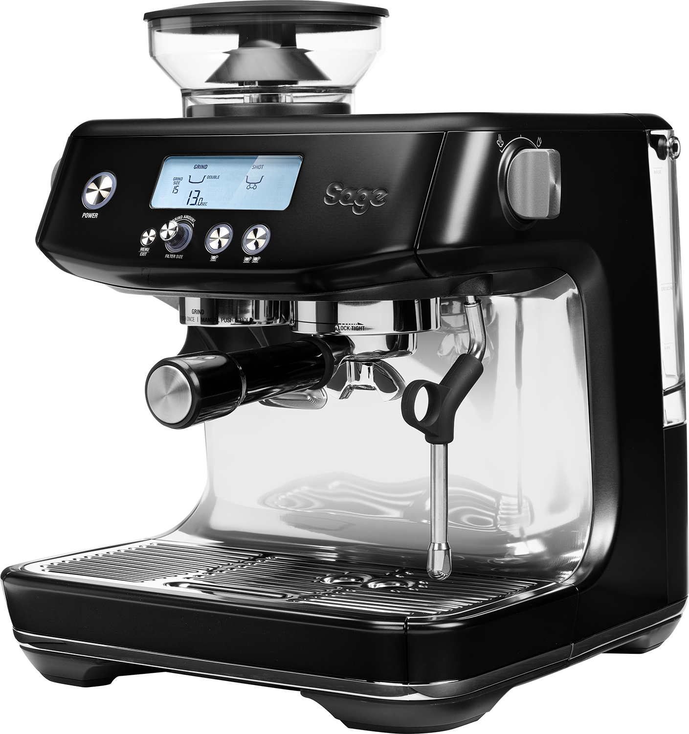 Zwarte espressomachine. Glanzende metallic afwerking met digitaal display en grinder bovenop.
