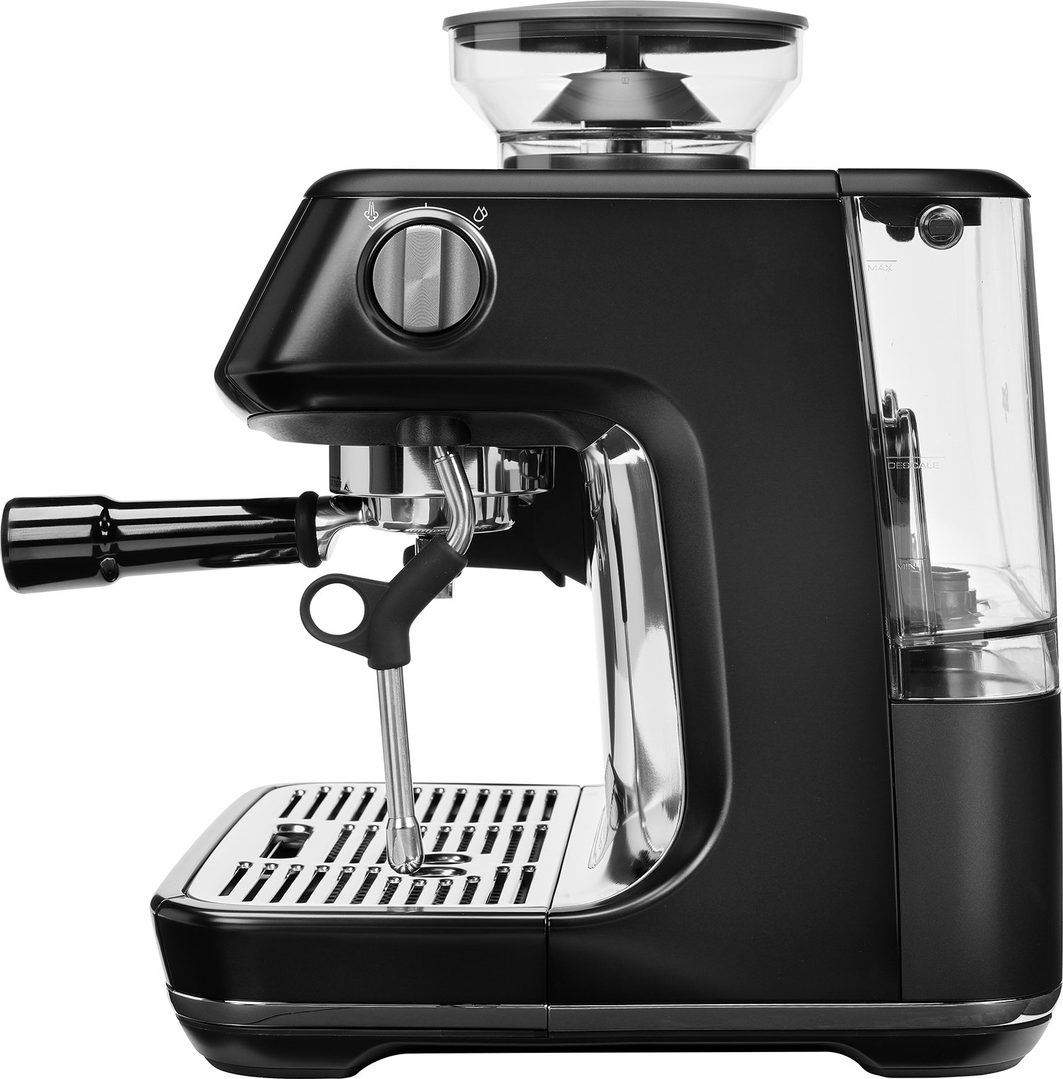 Zwarte espressomachine, zijaanzicht, met molen en watertank.