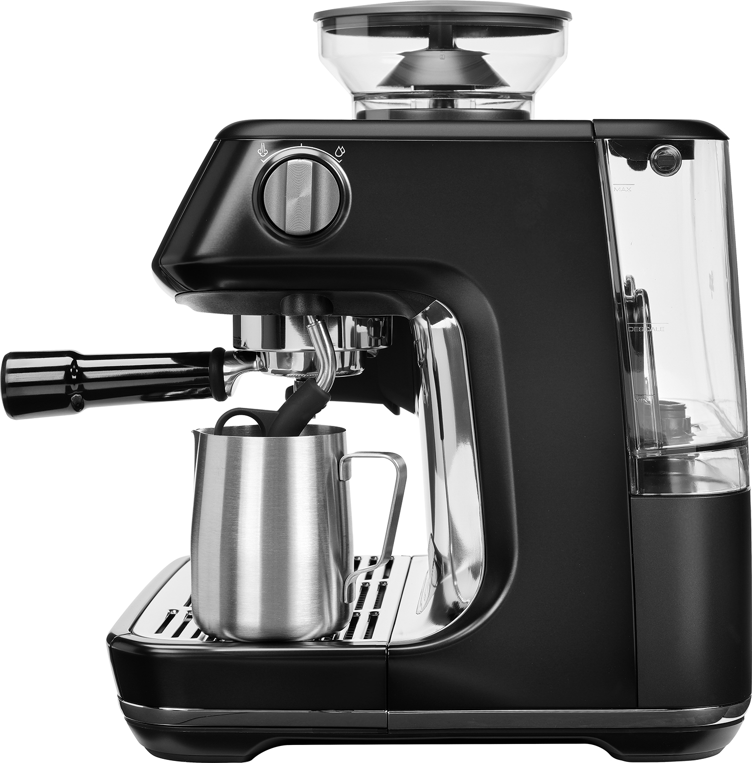 Zwart espressomachine. RVS melkopschuimkan en een doorzichtig waterreservoir.