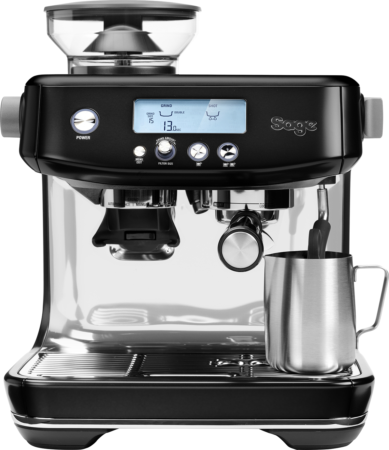 Een zwart en zilver Sage espressomachine. Het heeft een digitaal display en een melkopschuimkan.