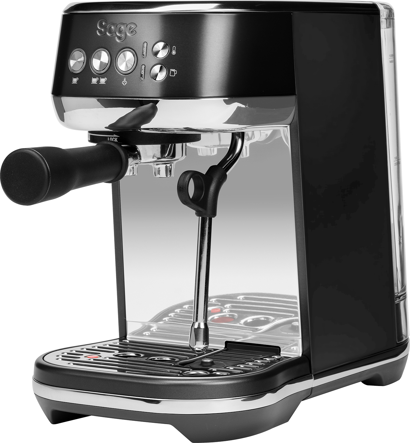 Black espresso machine with chrome accents, side view, with water tank.