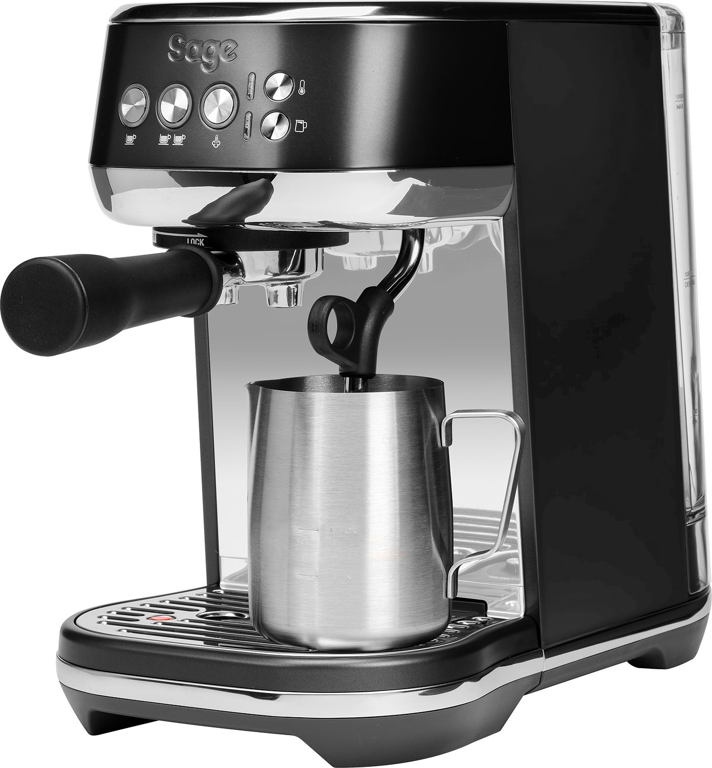 Black espresso machine with a stainless steel pitcher. Milk frother and display visible.
