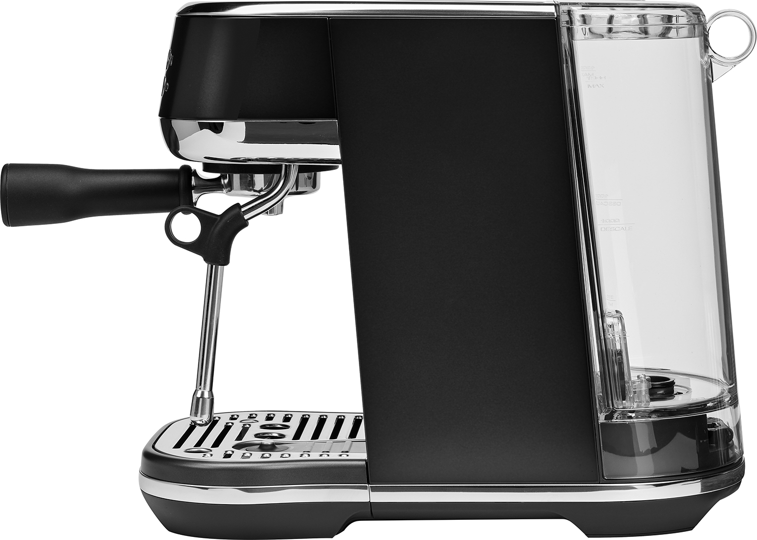 Black espresso machine with a water tank, portafilter, and chrome accents.