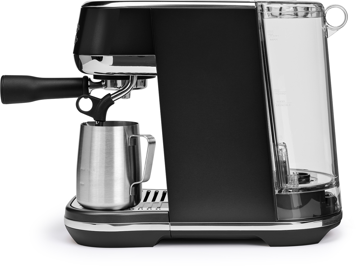 Black and silver espresso machine with a milk frothing pitcher.