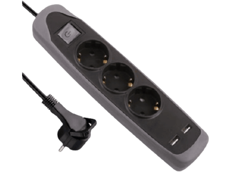 Regleta  Electraline 62150, 3 Tomas, 2 Puertos USB, Cable 2 m, Base de  silicona, Negro
