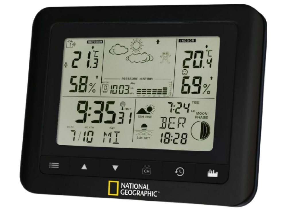 Estación meteorológica - Bresser National Geographic 9070100, Indica las fases de la luna, Fecha y hora, Negro