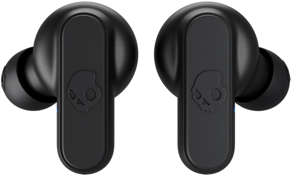 Pár fekete Skullcandy fülhallgató. Koponya logó mindegyik fülhallgatón. Fekete háttér.