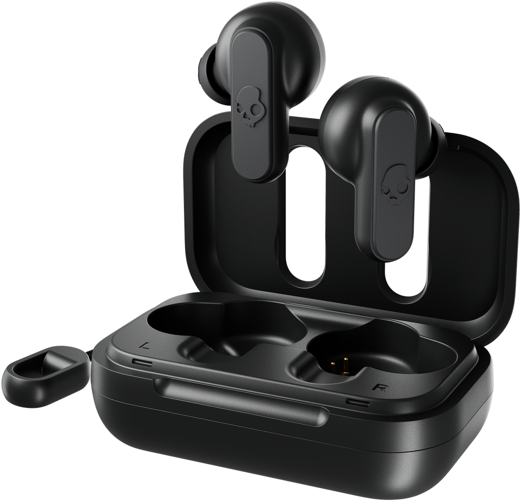 Fekete Skullcandy vezeték nélküli fülhallgató töltőtokkal, feketén izolálva.