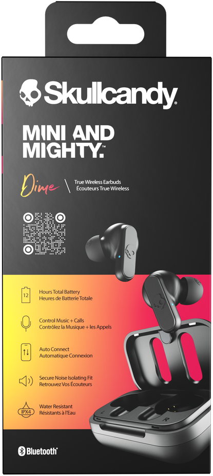 A Skullcandy Dime fülhallgató fekete-piros csomagolása. Fülhallgatót tartalmaz tokban és termékinformációkat.