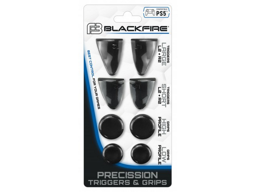 Paquete de accesorios para controlador Blackfire. Gatillos y agarres visibles sobre fondo blanco.