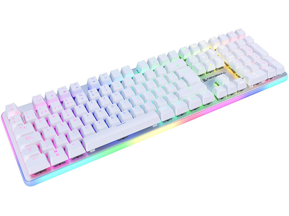 Un teclado para juegos blanco con teclas iluminadas multicolor.