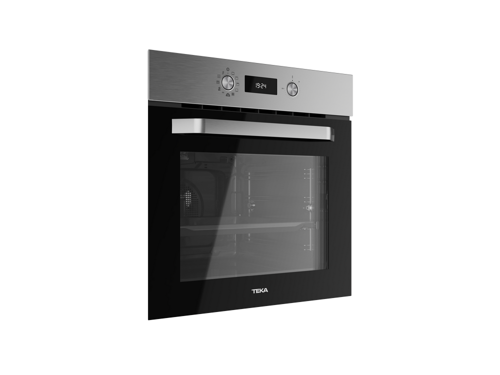 Horno plateado y negro con pantalla digital y logo TEKA. Fondo negro.