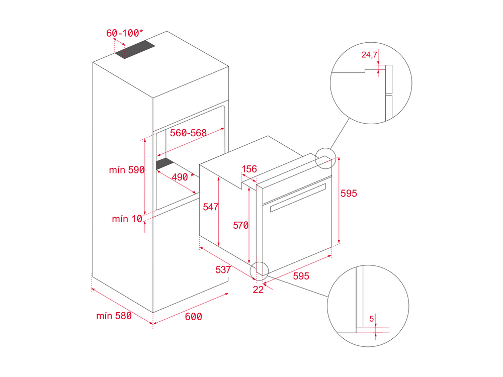 Diagrama con dimensiones de un frigorífico y horno, mostrando medidas en milímetros.