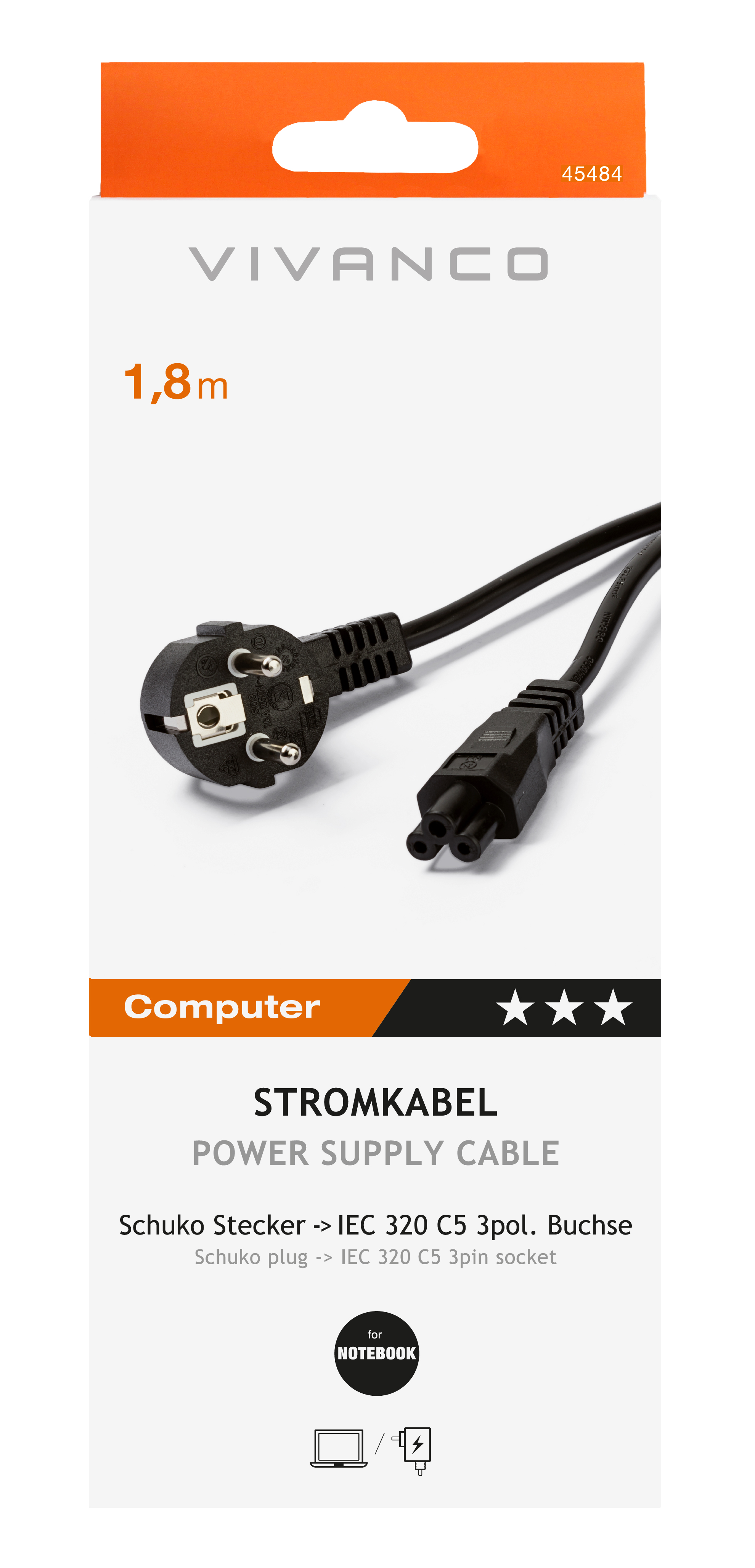 Vivanco-Netzkabelverpackung mit Stecker und IEC 320 C5-Anschluss für Notebooks.