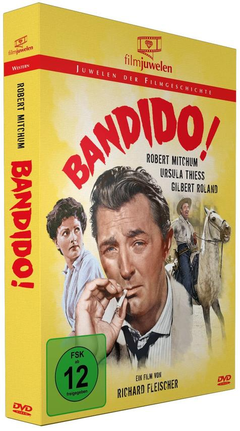 DVD-Hülle für Bandido, ein Westernfilm. Zeigt Robert Mitchum und Ursula Thiess auf dem Cover.