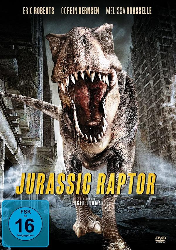 Filmcover mit Dinosaurier, Gebäuden und Filmtitel.