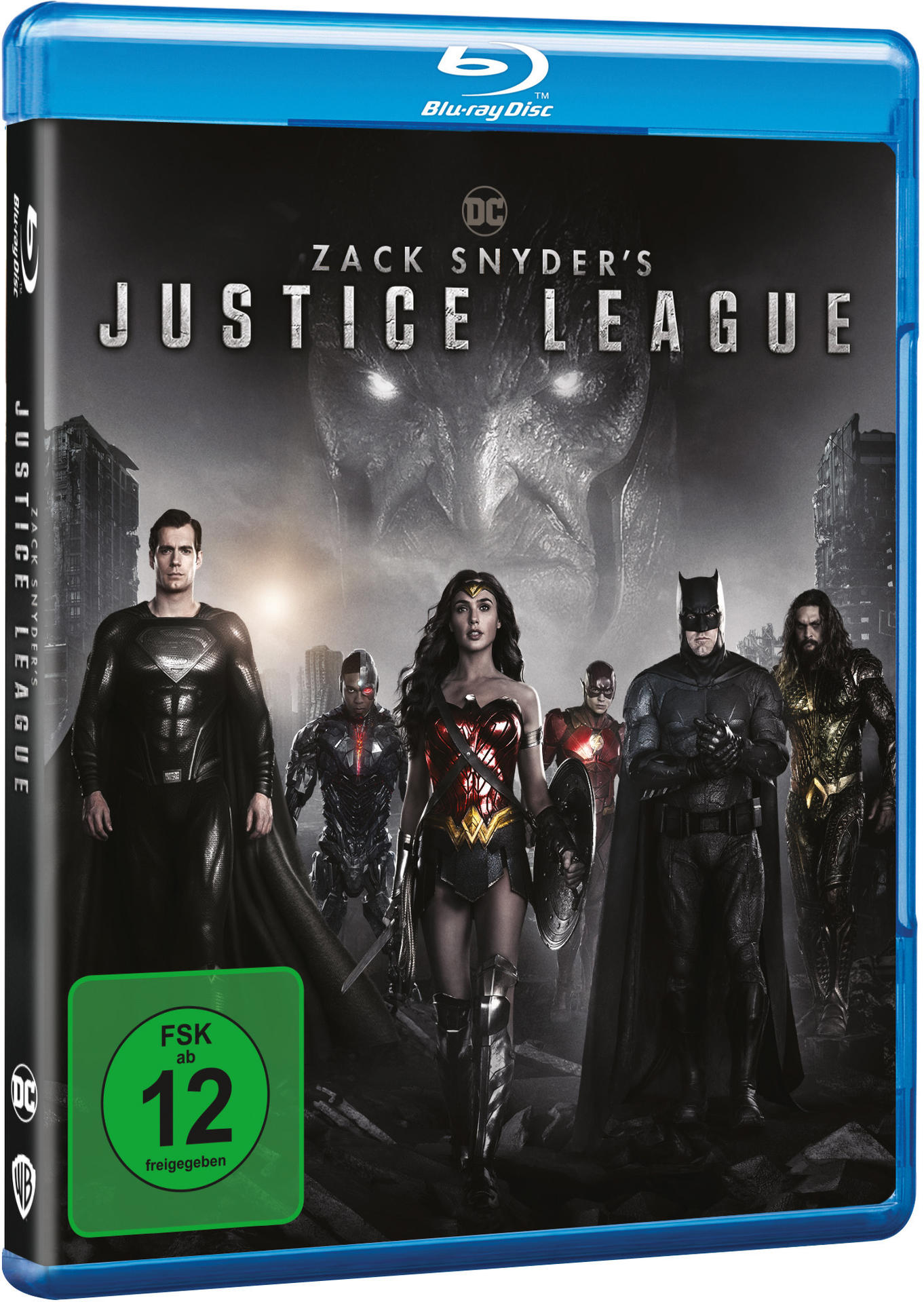 Blu-ray-Hülle des Films Justice League mit DC-Charakteren.